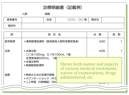 Example of an itemized details with a breakdown of medical care cost - Illustration